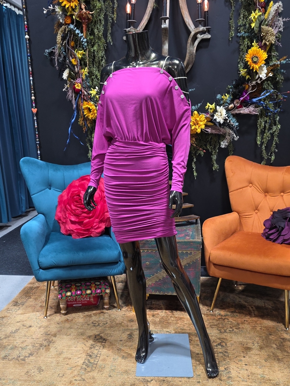 NEW! Marciano Magenta Off-Shoulder Ruched Midi Dress
